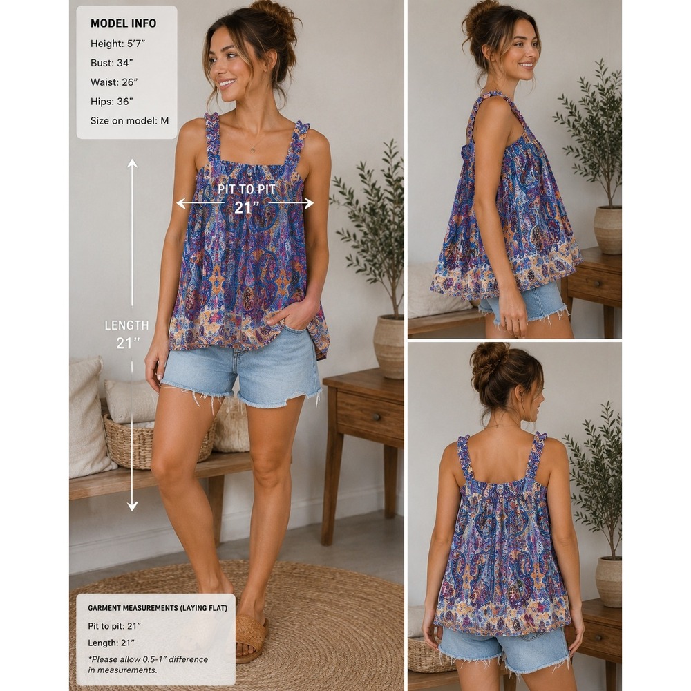 Black Tape Tank Top Paisley Multicolor Ruffle Strap Boho Medium